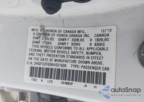 2019 Honda Civic Lx из США, поврежденный, VIN 2HGFC2F63KH521626